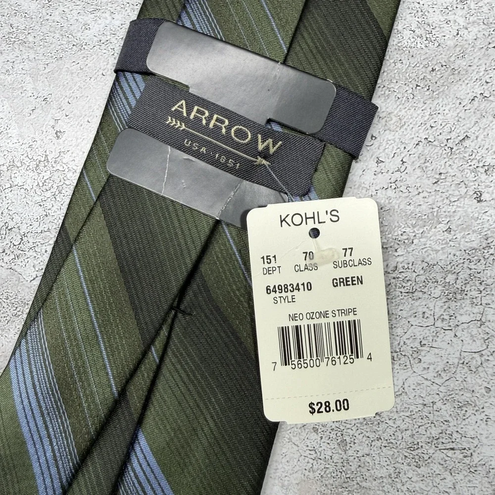 Arrow Silk Tie Mens One Size‎ Green Striped Woven Classic Logo 100% Silk Necktie